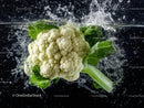 Fresh White Cauliflower with Green Leaves and Water Splash
