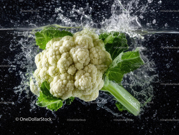 Fresh White Cauliflower with Green Leaves and Water Splash