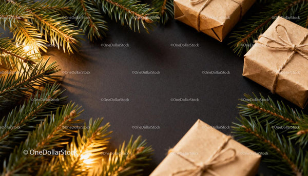 Festive pine branches and wrapped gifts on dark background
