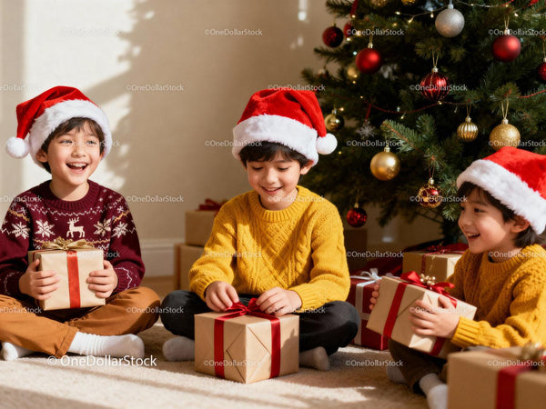 Children in Santa Hats Opening Christmas Presents