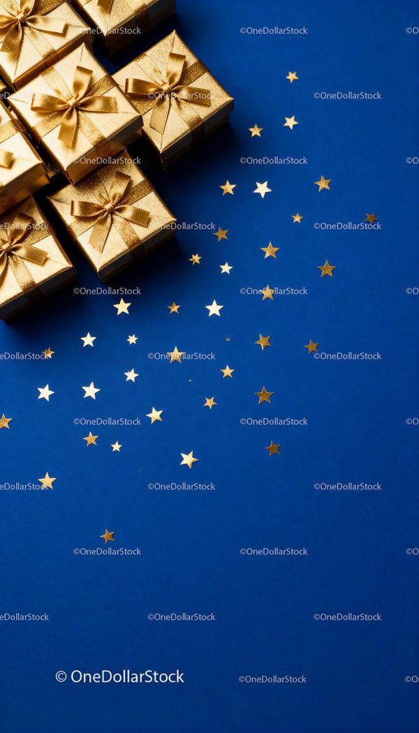 Gold wrapped gifts with sparkling star confetti on blue
