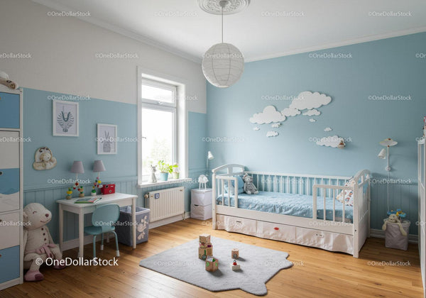 Bright kids bedroom with blue walls, cloud wall art, and plush toys