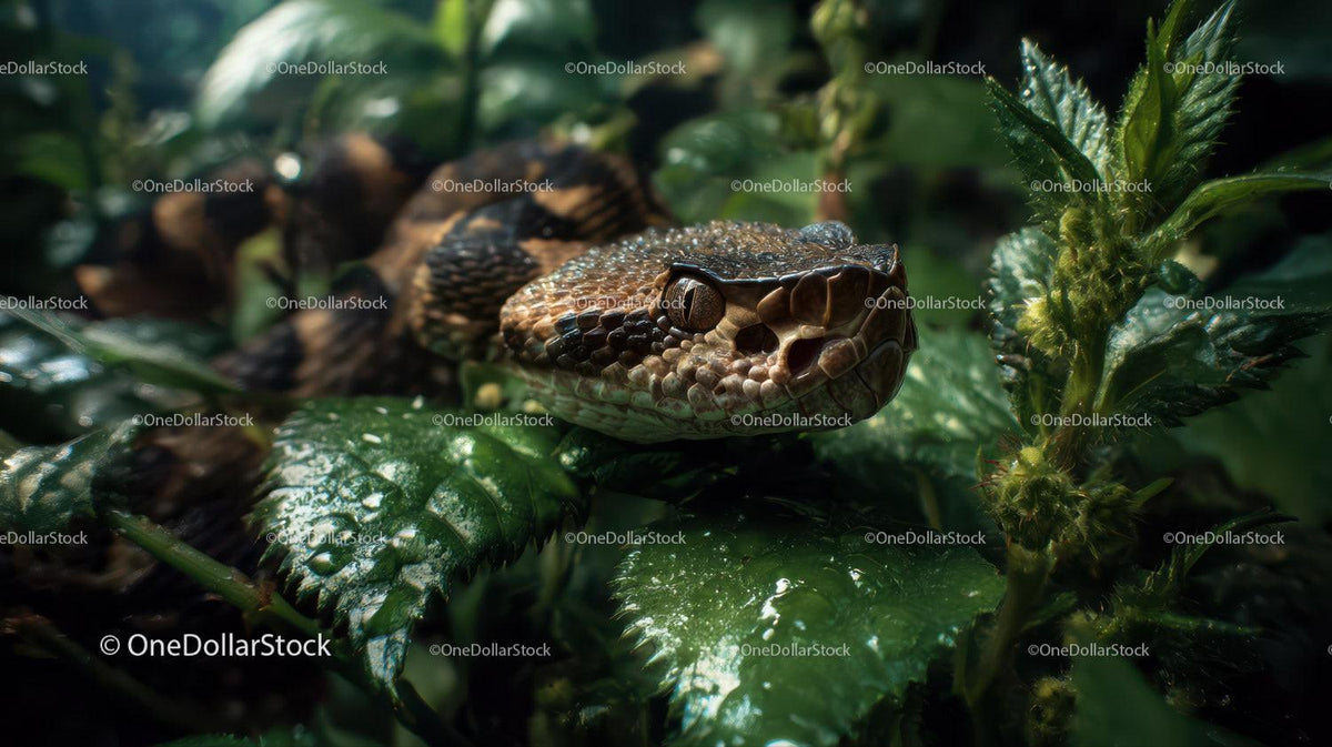 Close-up of a Camouflaged Snake Among Green Leaves in Nature
