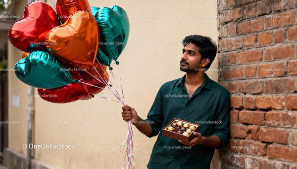 Man holding heart balloons and chocolates for Valentine's