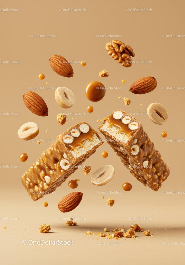 Nutty caramel snack bars with almonds and walnuts