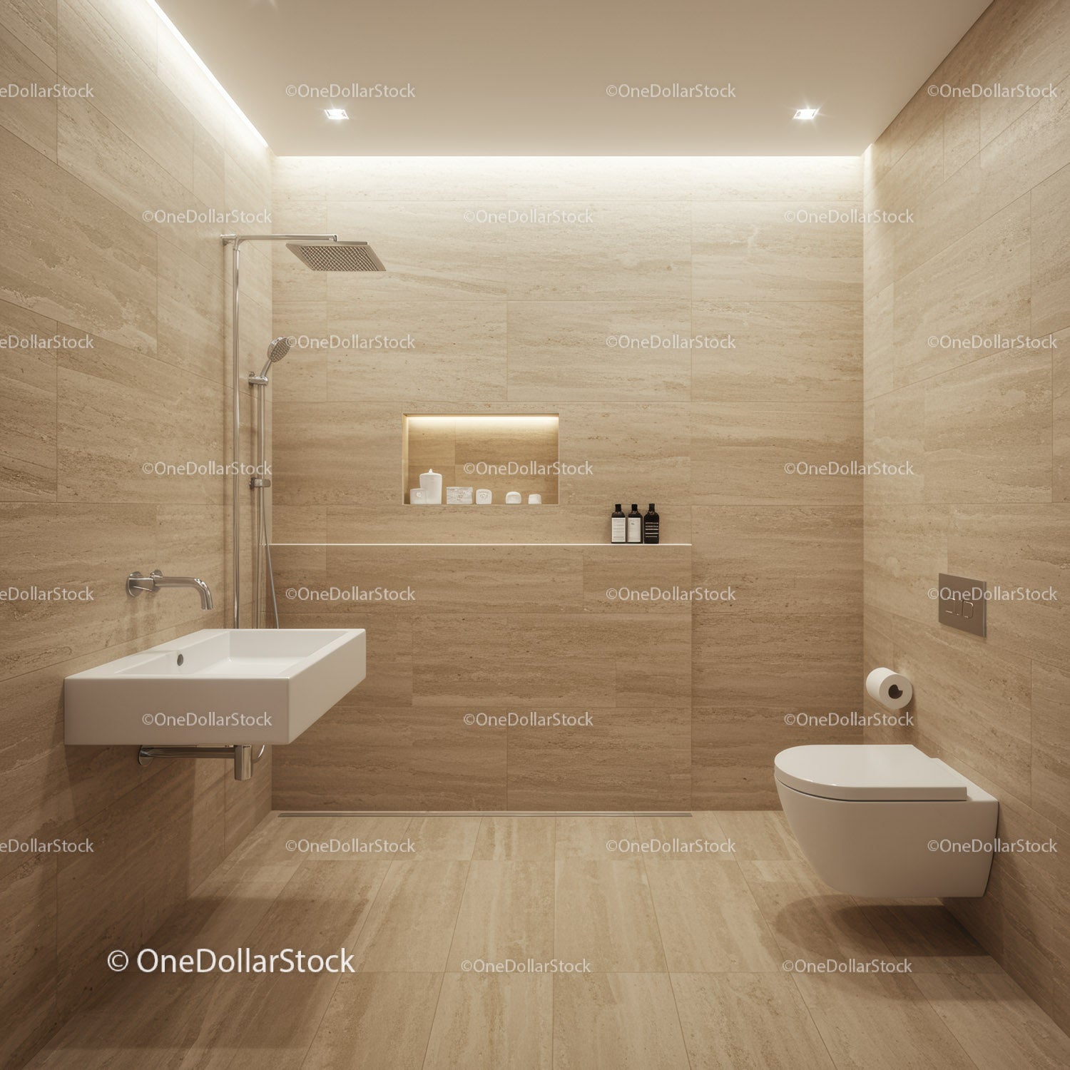 Modern Bathroom with Beige Tiles and Wall-Mounted Toilet