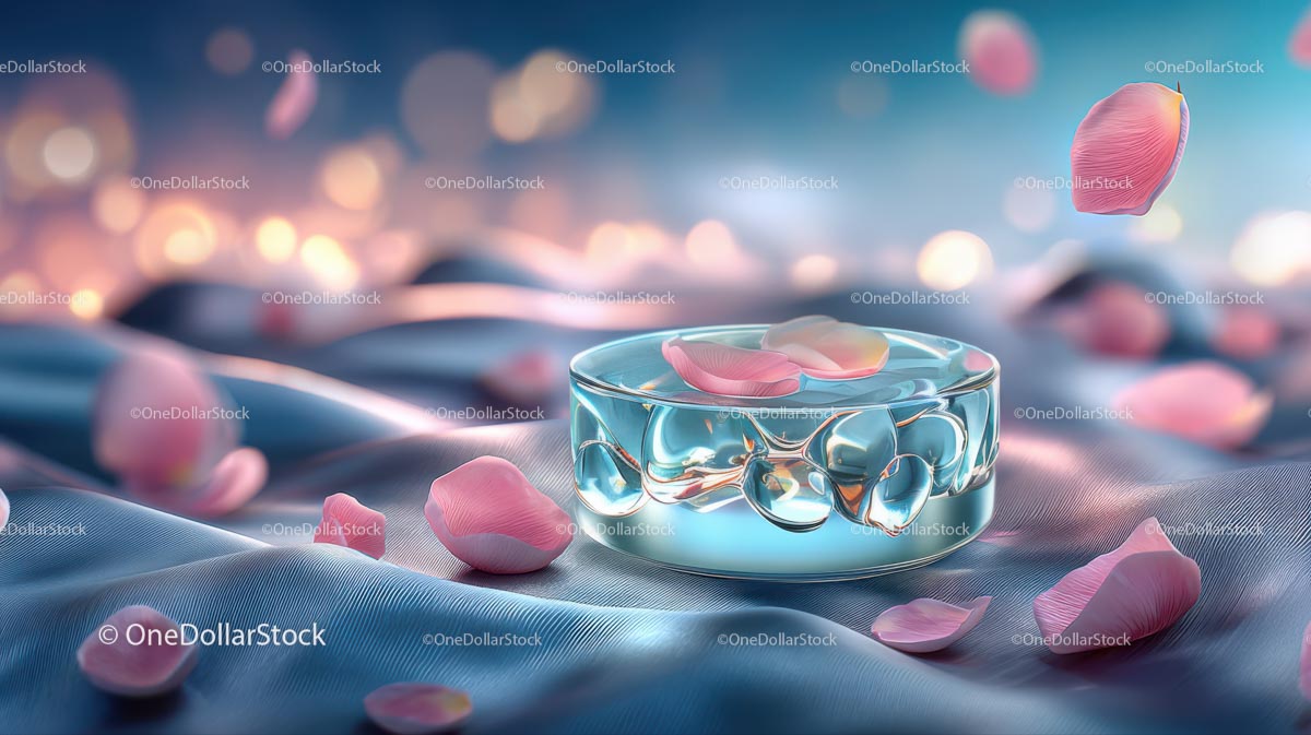 Glass Container with Floating Rose Petals in Tranquil Setting
