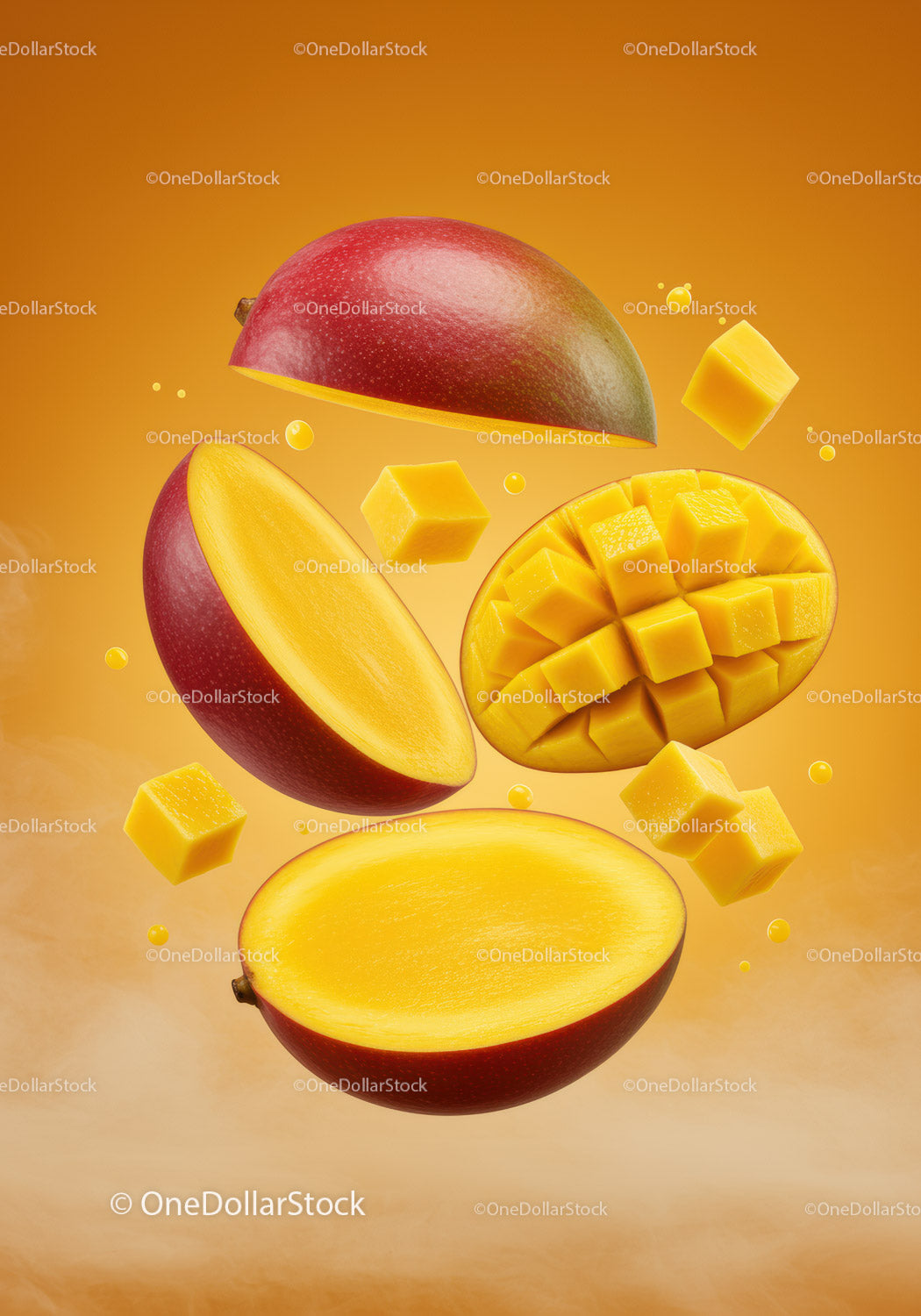 Fresh sliced mango pieces floating on orange background
