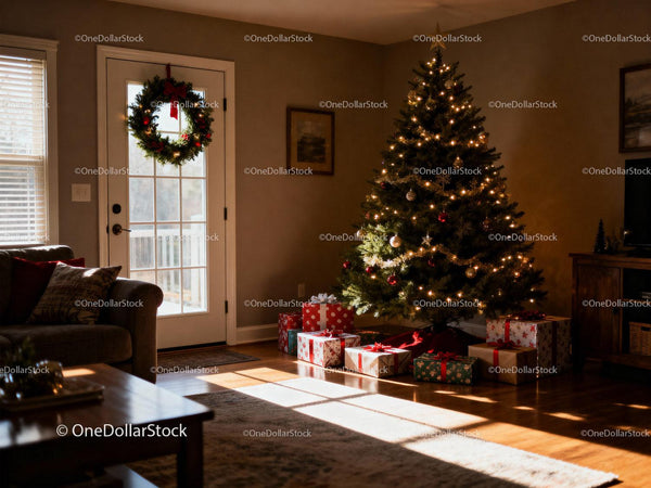 Cozy living room with decorated Christmas tree and gifts