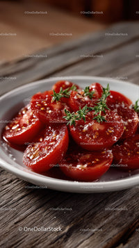 Juicy Ripe Cherry Tomatoes with Thyme Garnish on Wooden Table