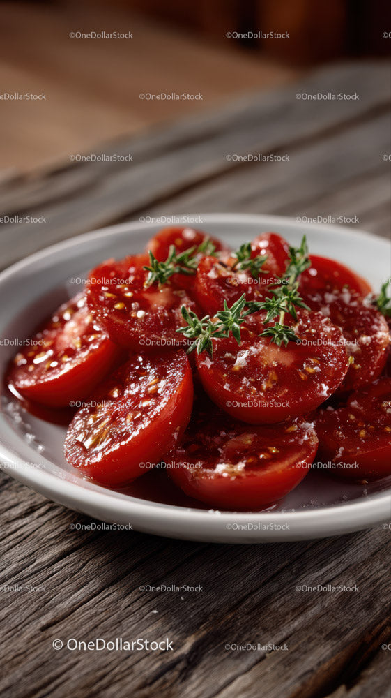 Juicy Ripe Cherry Tomatoes with Thyme Garnish on Wooden Table