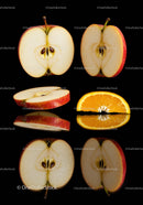 Sliced fresh apple and orange segments on black background