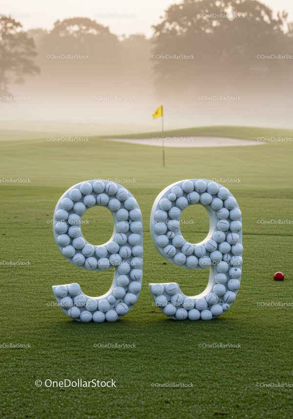 Piłeczki Golfowe ułożone w Liczbę Dziewięćdziesiąt Dziewięć na Zielonym Polu