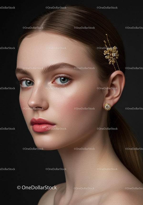 Elegant Portrait of a Young Woman with Pearl Earrings and Gold Hairpin
