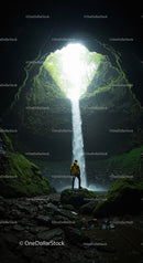 Mysterious Waterfall in Enchanted Cave Surrounded by Lush Forest