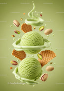 Two scoops of creamy pistachio ice cream with nuts