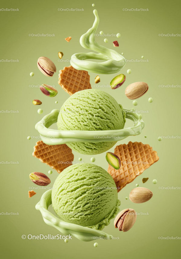 Two scoops of creamy pistachio ice cream with nuts