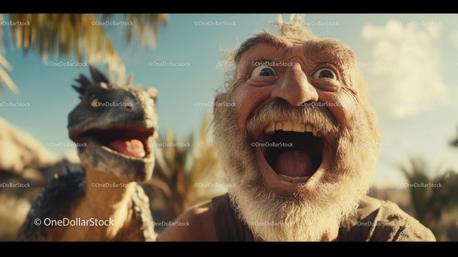 Elderly Man with White Beard Laughing with Dinosaur Puppet in Sunny Outdoor Scene
