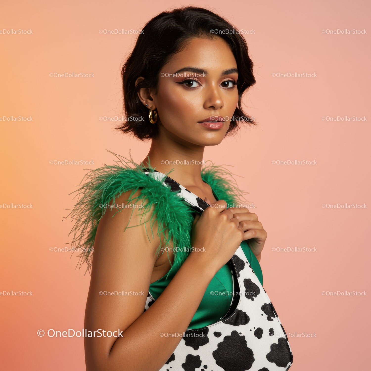 Elegant Woman Wearing Green and Black Cow Print Outfit in Studio