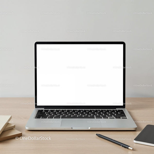 Minimalist laptop workspace with pen and notebooks JPG Mockup Image