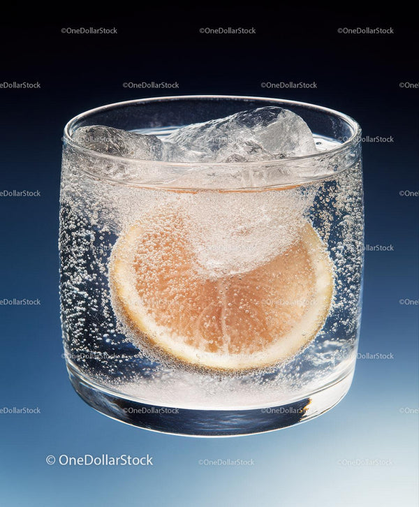 Sparkling Water with Lemon Slice in Clear Glass on Dark Background