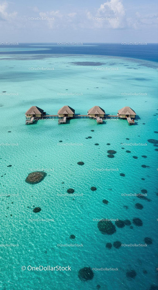 Overwater Bungalows in Turquoise Water on Tropical Island