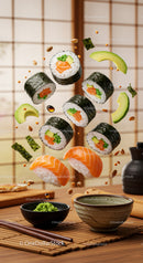 Fresh salmon sushi rolls with avocado and wasabi
