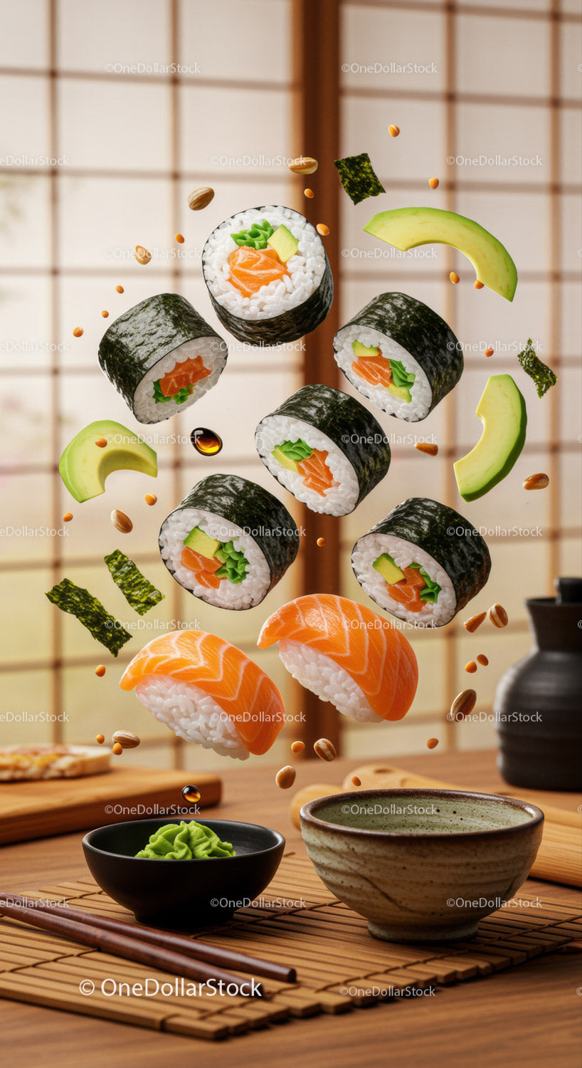Fresh salmon sushi rolls with avocado and wasabi