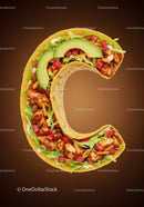 Taco shaped like letter C filled with fresh ingredients
