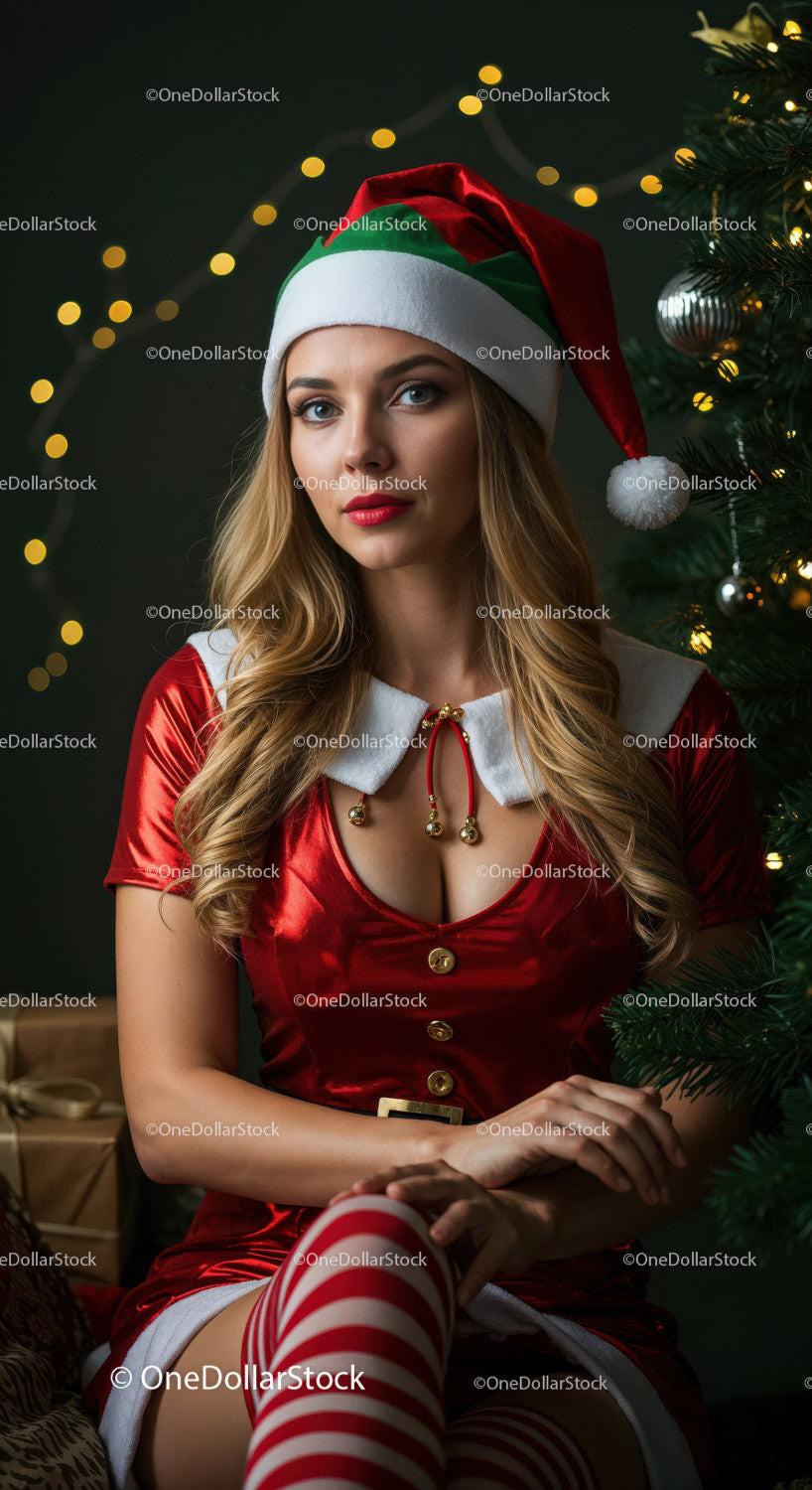 Young woman in festive Santa costume by Christmas tree