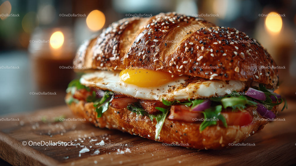 Gourmet Sandwich with Fried Egg Bacon Lettuce Tomato and Red Onion