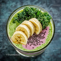Colorful Smoothie Bowl with Banana Kale and Pink Chia Seeds