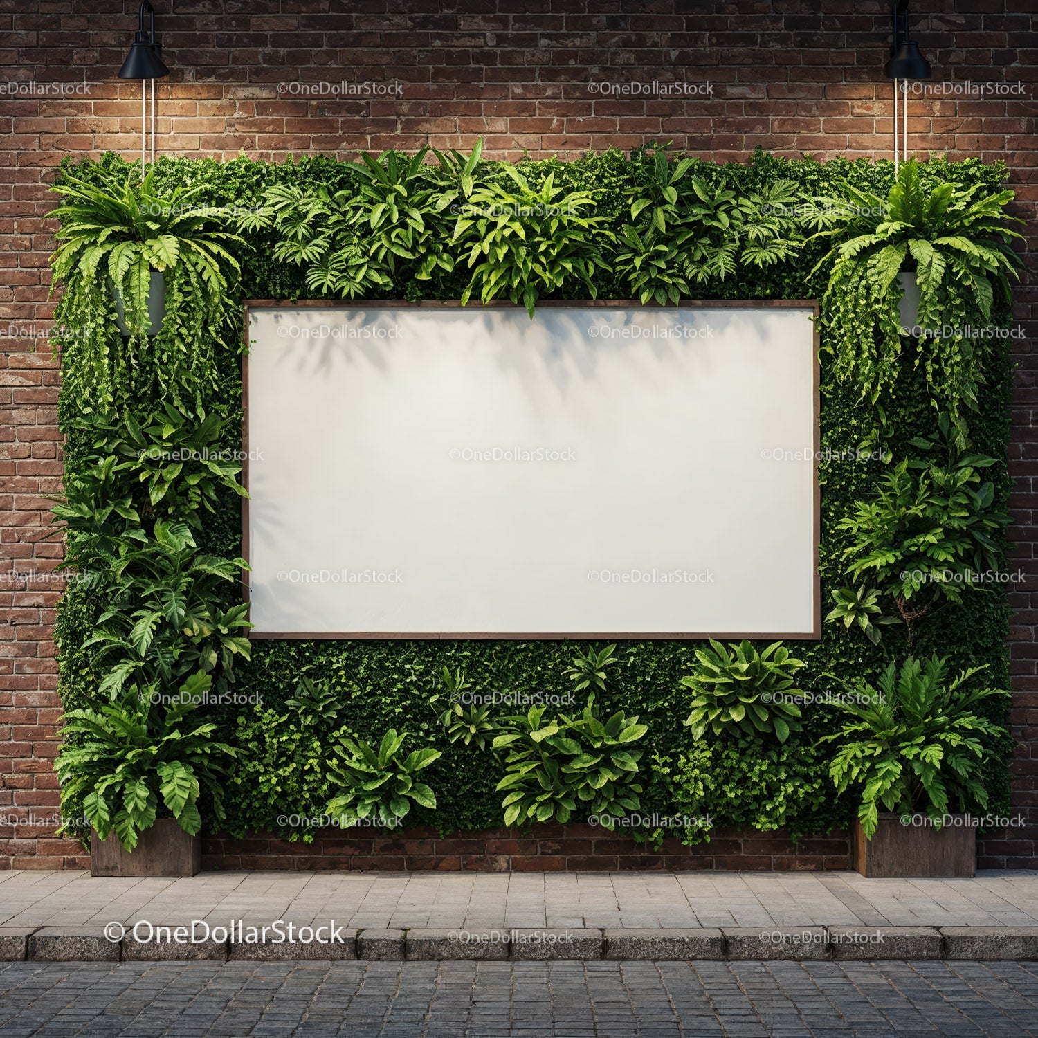 Urban green wall with blank white billboard on brick facade