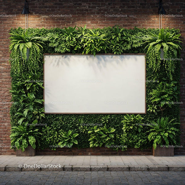 Urban green wall with blank white billboard on brick facade JPG Mockup Image