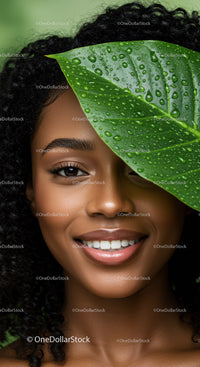 Portrait of a Smiling Woman with Curly Hair and Tropical Foliage