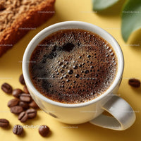 Delicious Coffee in a White Cup with Roasted Beans on Wooden Plate