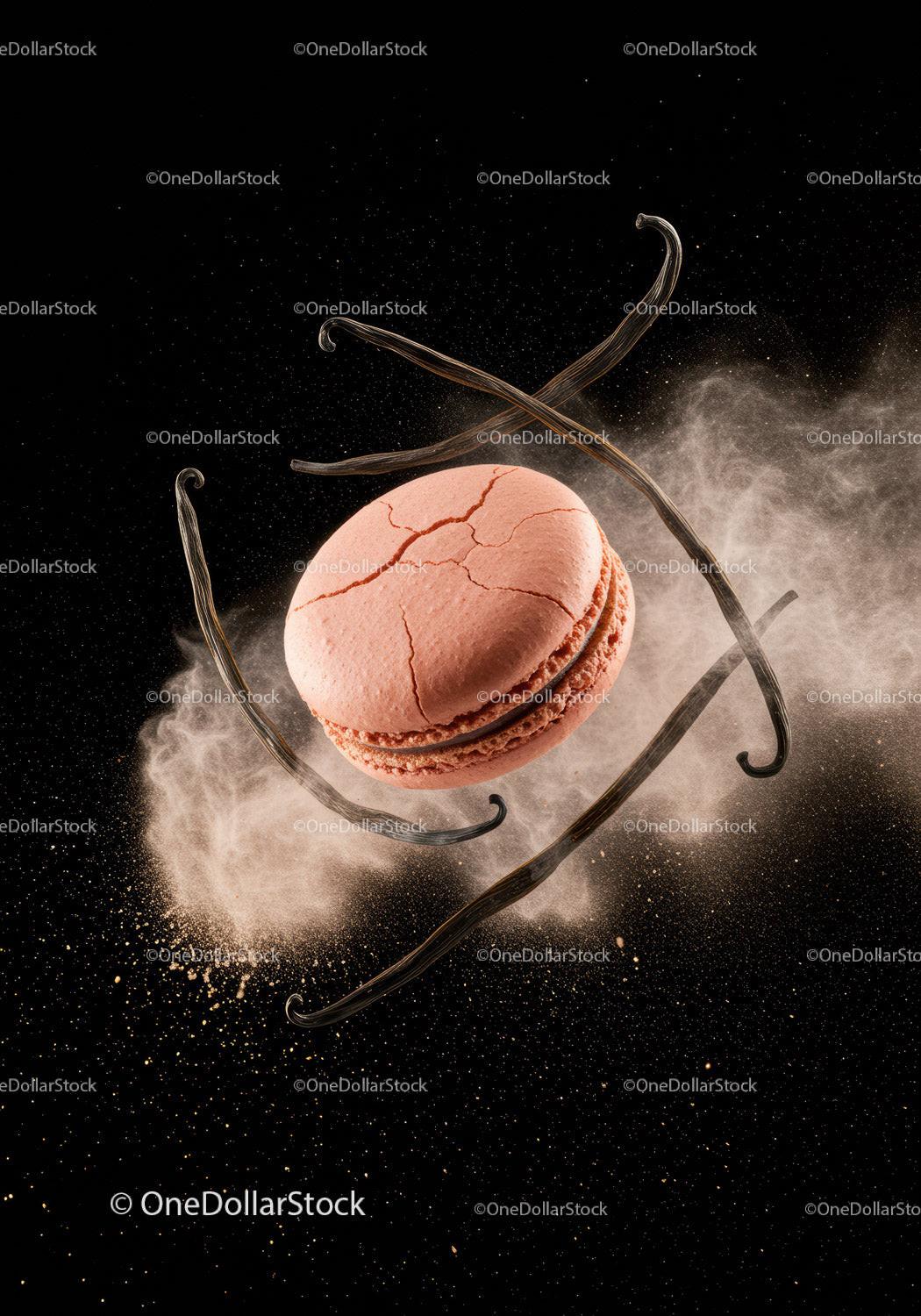 Pink Macaron with Vanilla Pods and Powder on Black