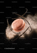 Pink Macaron with Vanilla Pods and Powder on Black