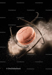 Pink Macaron with Vanilla Pods and Powder on Black