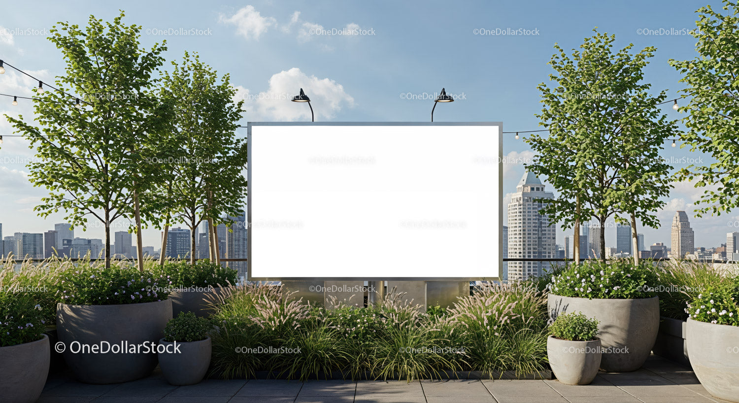 Blank billboard on rooftop terrace with city skyline view