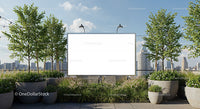 Blank billboard on rooftop terrace with city skyline view