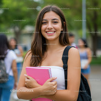 Young Woman Holding Pink Notebook and Smiling Outdoors