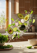 Fresh avocado and lime with arugula splash in kitchen