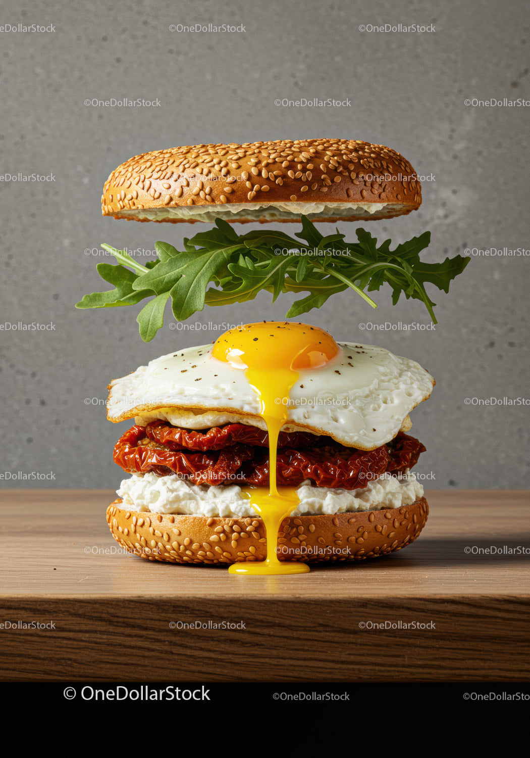 Gourmet sandwich with fried egg and fresh arugula