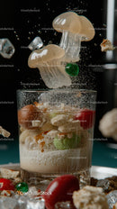 Falling Mushrooms and Colorful Candy in a Glass Creative Food Scene
