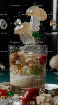 Falling Mushrooms and Colorful Candy in a Glass Creative Food Scene