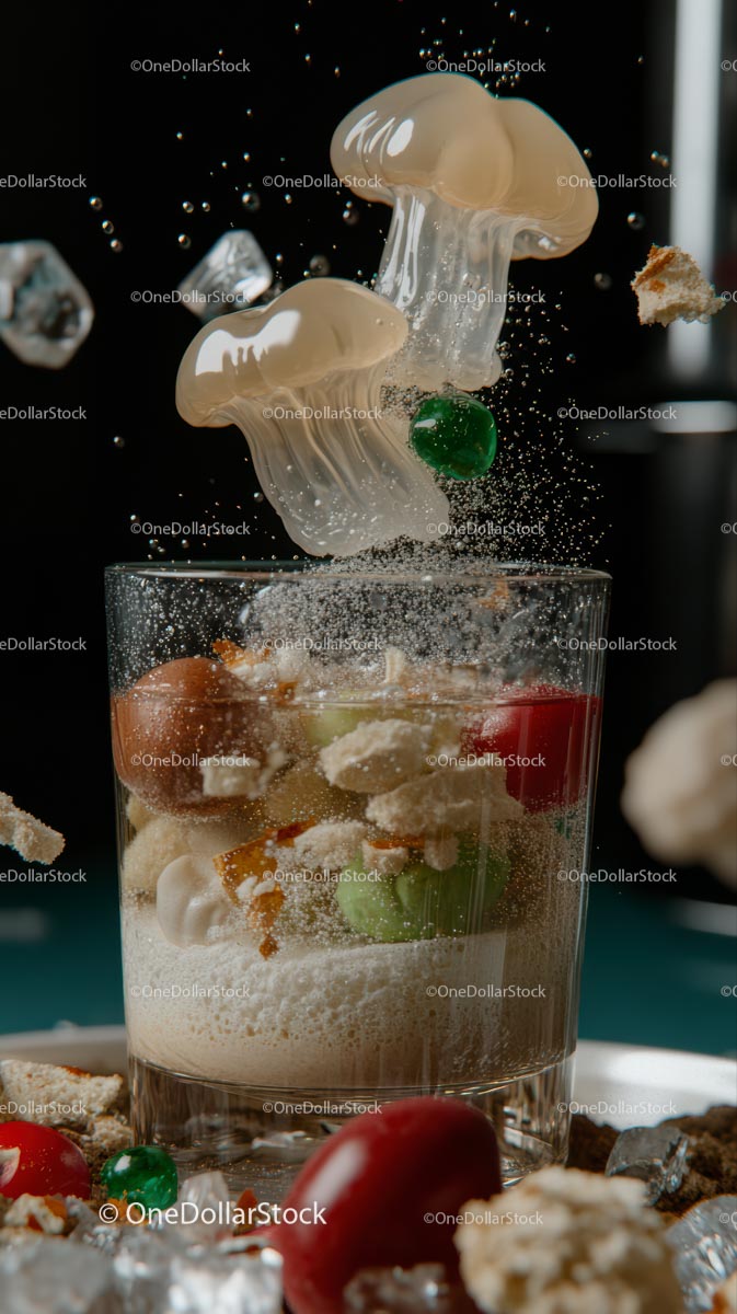 Falling Mushrooms and Colorful Candy in a Glass Creative Food Scene