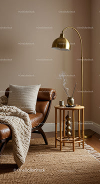 Cozy corner with leather chair and warm lighting