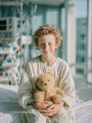 Joyful Child Holding Teddy Bear in Hospital Room Medical Setting