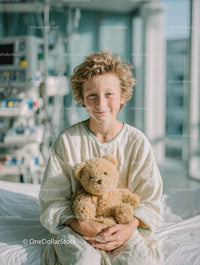 Joyful Child Holding Teddy Bear in Hospital Room Medical Setting